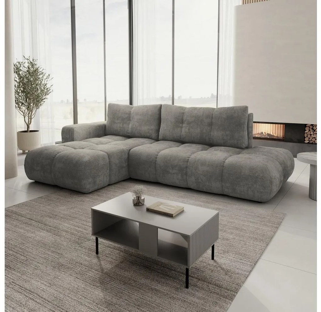 Rozkladacia rohová čalúnená sedacia súprava s úložným priestorom do tvaru L ALMADA ľavá sivá