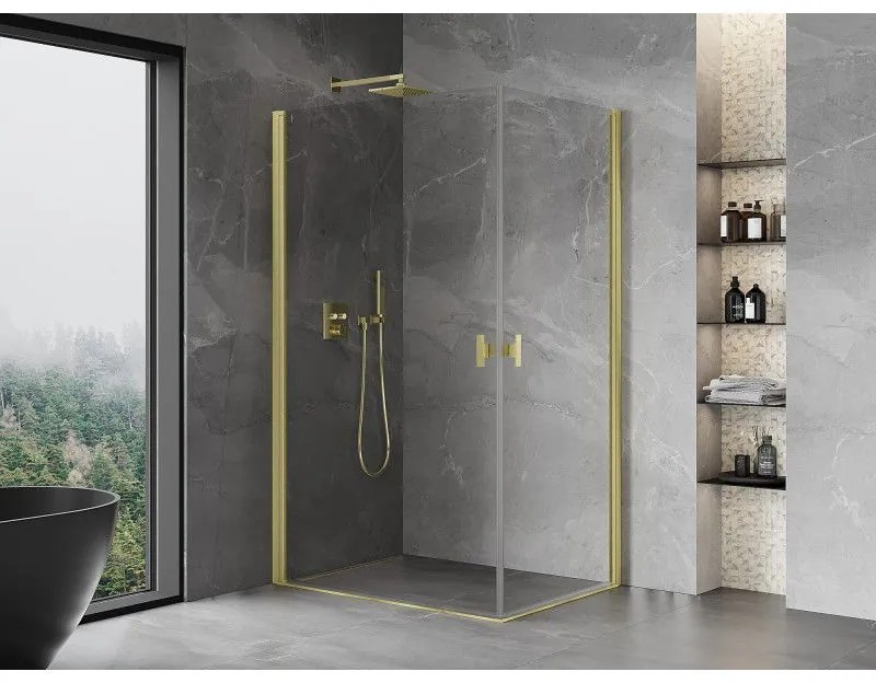 Mexen Mist-B Duo, 2-krídlový výklopný sprchový kút 95 x 90 cm, číre sklo, zlatý matný profil, 8A2-095-090-55-00