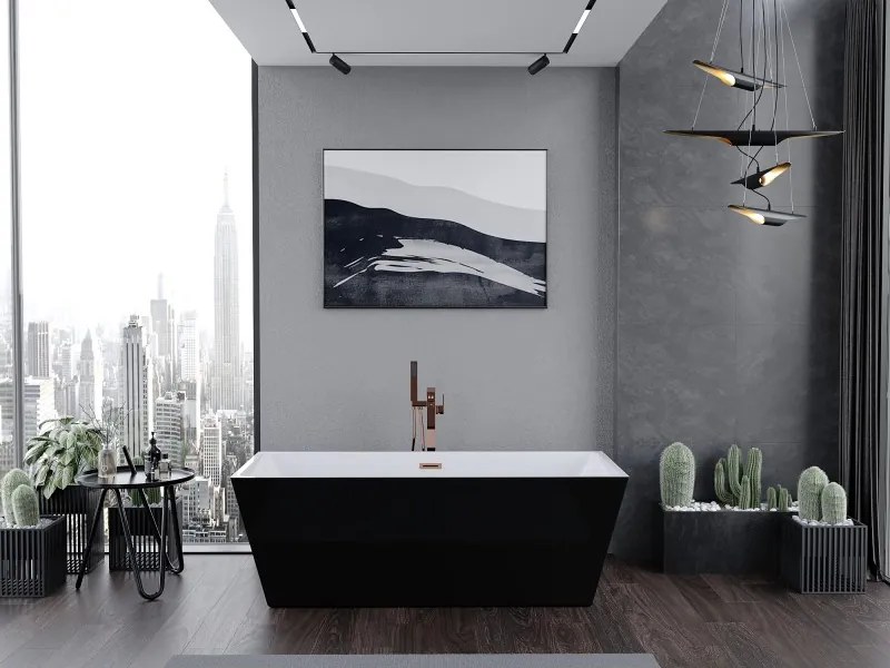 Mexen Lita, voľne stojaca vaňa 170 x 75 cm, biela-čierna, ružové zlato prepad, 52121707575-60