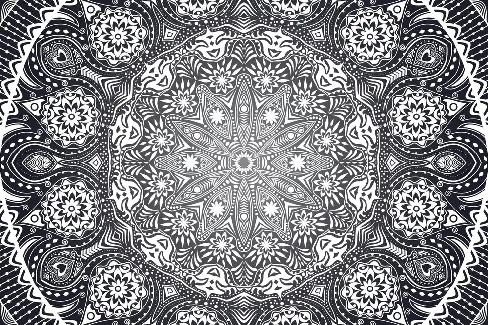 Samolepiaca tapeta okrasná Mandala s krajkou v čiernobielej - 150x100