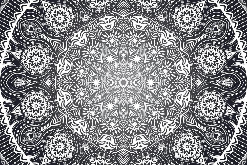 Samolepiaca tapeta okrasná Mandala s krajkou v čiernobielej - 225x150