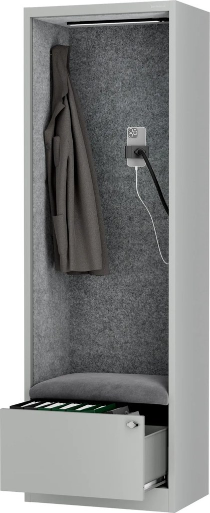 Kancelárska akustická kabína so sedadlom a portom USB-C, telo v sivý / sedák sivá v zelenej farbe, 600 mm: SALLY MentalBox
