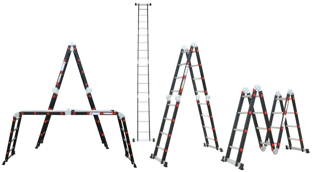 Noela Multifunkčný hliníkový rebrík 4x4 473 cm NVLG-44 BLACK PREMIUM + kolieska, podlážka a polica