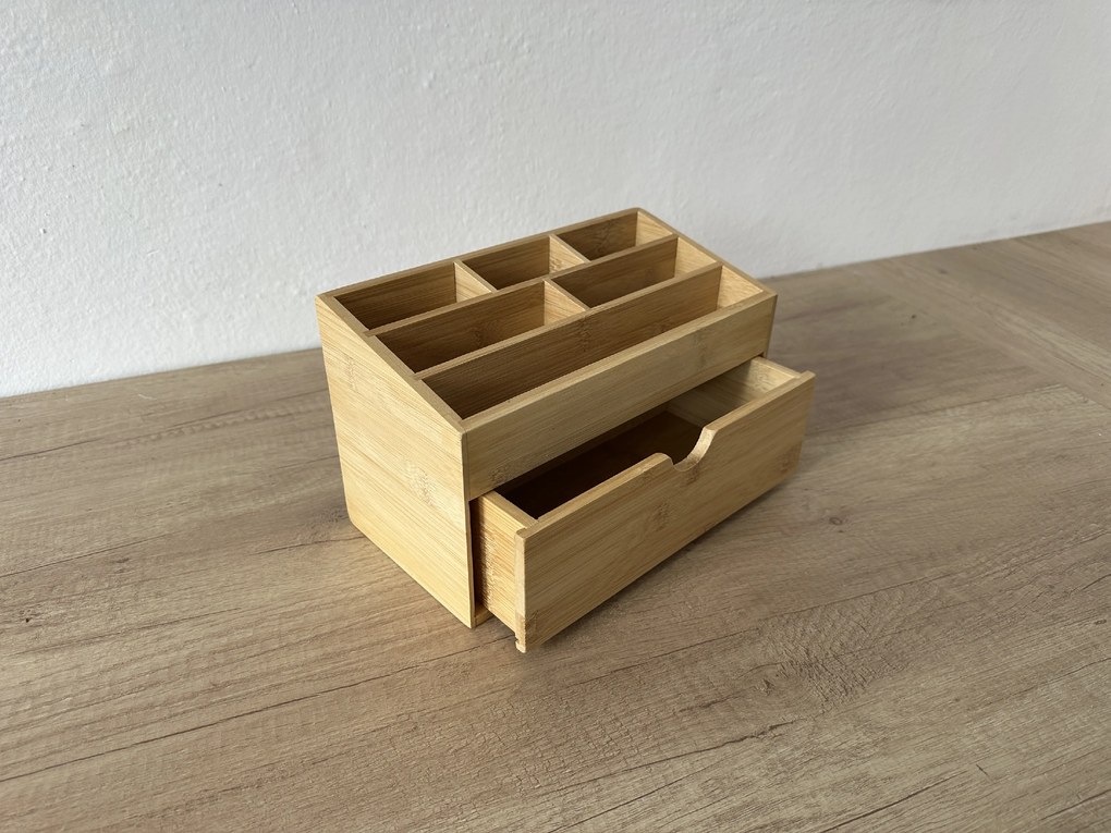 Organizér na kozmetiku, na stôl, 6 priehradiek + zásuvka, bambusový THINGS6