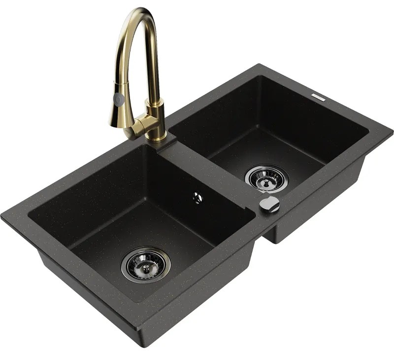 Mexen Mario, 2-komorový granitový drez 820x436x161 mm a drezová batéria Elia, čierna-zlatá metalíza, 6504-75-670101-50-B