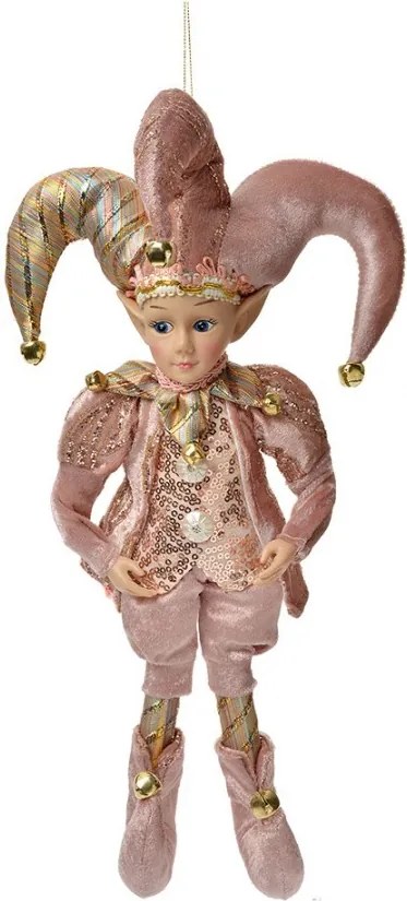 Ružová závesná dekorácia Elf v šaškovskom obleku - 20*8*37 cm