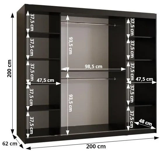 Šatníková skriňa 200 cm Riana Wa 1 200 (biela + čierna). Vlastná spoľahlivá doprava až k Vám domov. 1063474