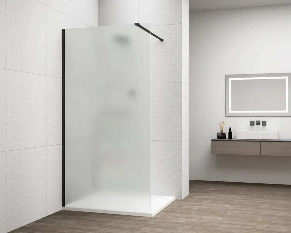 Erga Paris, sprchová zástena Walk-In 80x200 cm, 8mm sklo námraza, čierny profil, ERG-V02-PARIS-080x200-FR-BK