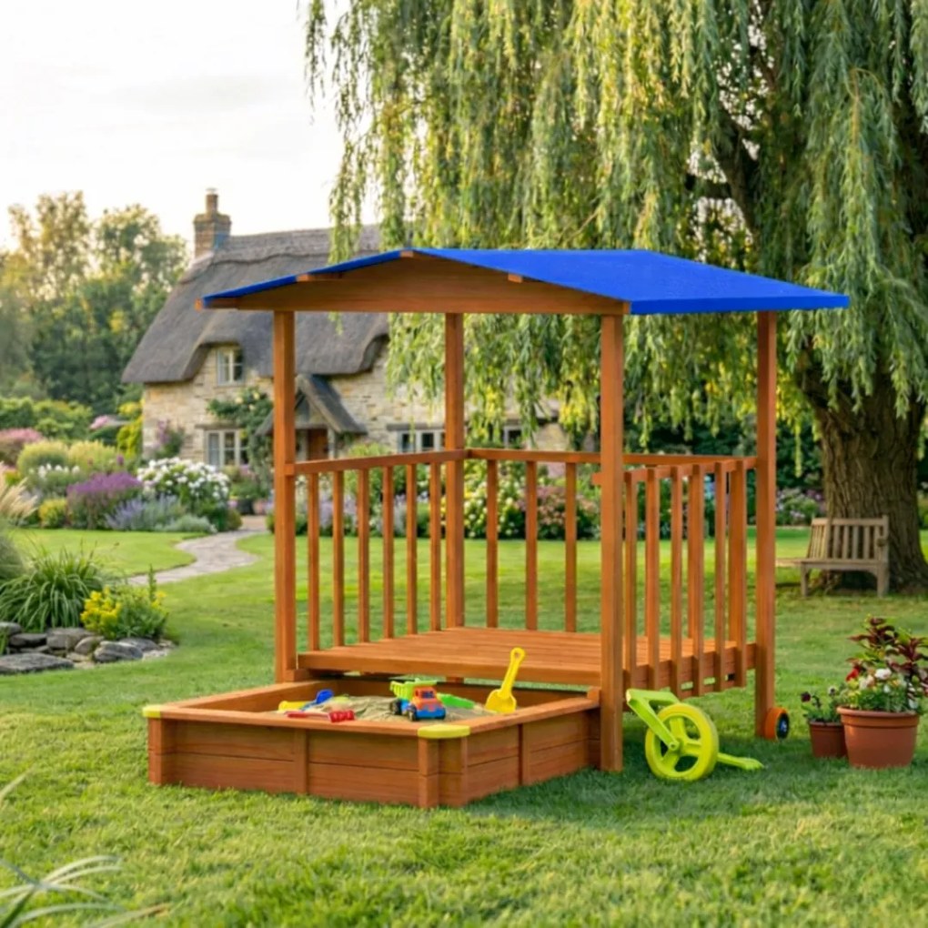 Pieskovisko s verandou SUNNY, 130x130x143cm, hnedá/modrá Jurhan