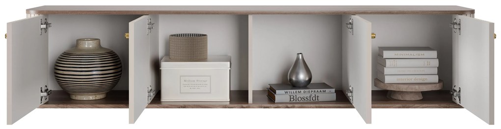 Závesný TV stolík Vespera 4D 187 cm - kašmírová / orech / zlatá