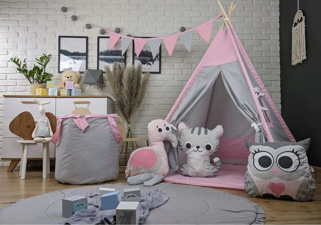 Detský stan TEEPEE (TÝPIE) ANIMALS s doplnkami - PLAMENÁK A KAMARÁDI - šedý/ružový