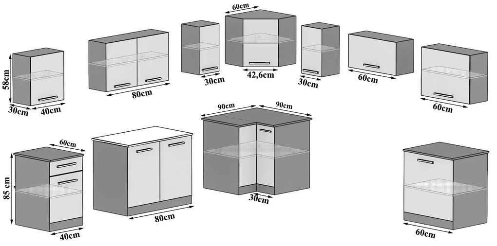 Kuchynská linka Belini 420 cm šedý lesk s pracovnou doskou Uniqaplus INF UNIQAPLUS/5/WT/S/0/B1