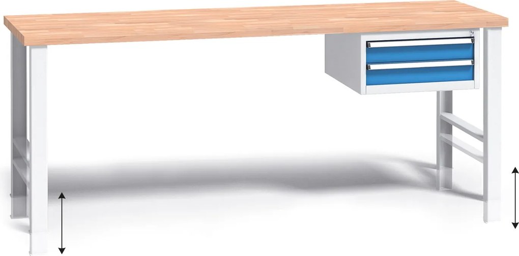 Výškovo nastaviteľný pracovný stôl do dielne G3 so závesným boxom na náradie, buková škárovka, 2 zásuvky, 2000 x 685 x 840 - 1050 mm, modrá