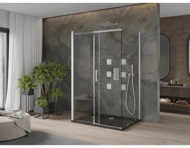 Mexen Omega, 3-stenový sprchovací kút s posuvnými dverami 110 (dvere) x 80 (stena) x 190 cm, 8mm číre sklo, chrómový profil + čierna sprchová vanička SLIM, 825-110-080-01-00-3S-4070