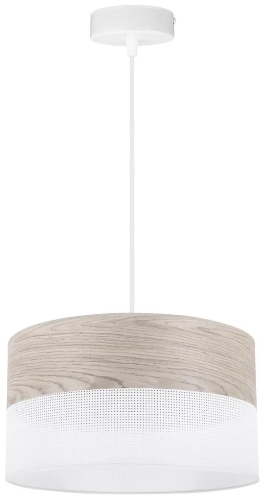 Závesné svietidlo Wood, 1x svetlobéžová dubová dýha/biele PVC tienidlo, (fi 30cm)