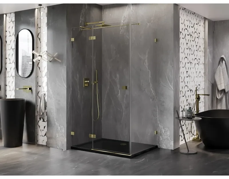 Mexen Lunar T, sklápací sprchový kút ľavý 140 x 80 cm, 8mm číre sklo, zlatý profil, 834T-140-080-50-00-L