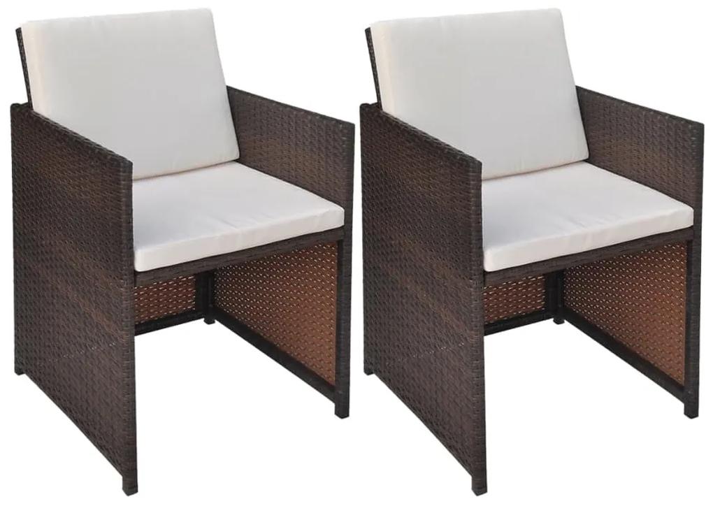 Záhradné stoličky 2 ks, podložky a vankúše, polyratan, hnedé
