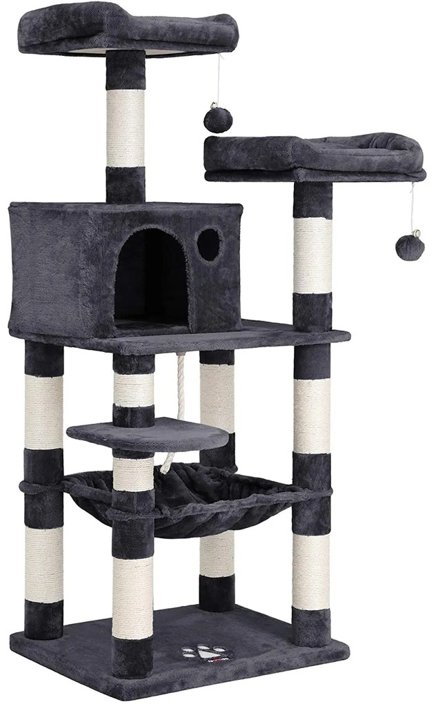FEANDREA Škrabadlo pre mačky, mačací strom, 2 plyšové lôžka, 143 cm, šedé