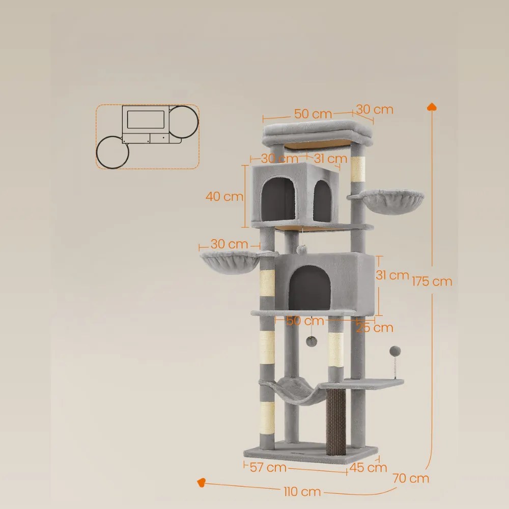 Mačací strom TRISTAN, 57x45x175cm, šedá Feandrea