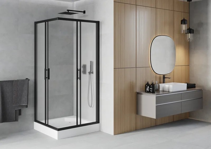 Mexen Rio, štvorcový sprchovací kút s posuvnými dverami 90(dvere) x 90(dvere) x 190 cm, 6mm sklo námraza, čierny profil + biela sprchová vanička RIO, 860-090-090-70-30-4510