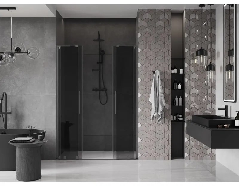 Mexen Velar L Duo, posuvné sprchové dvere do otvoru 160 cm, 8mm šedé sklo, brúsený grafit, 871-160-003-42-95