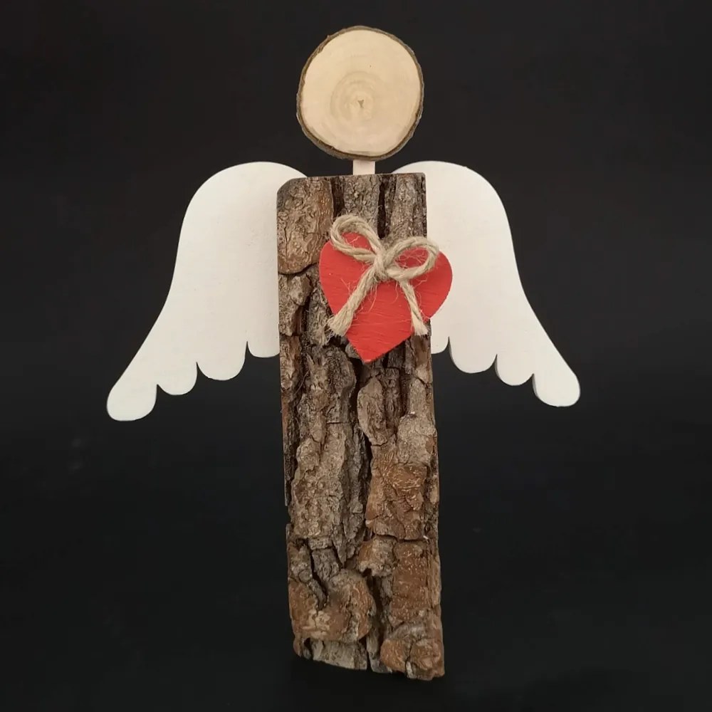 AMADEA Drevený anjel s kôrou s bielymi krídlami a čeveným srdcom, masívne drevo, 19x14,5x3 cm