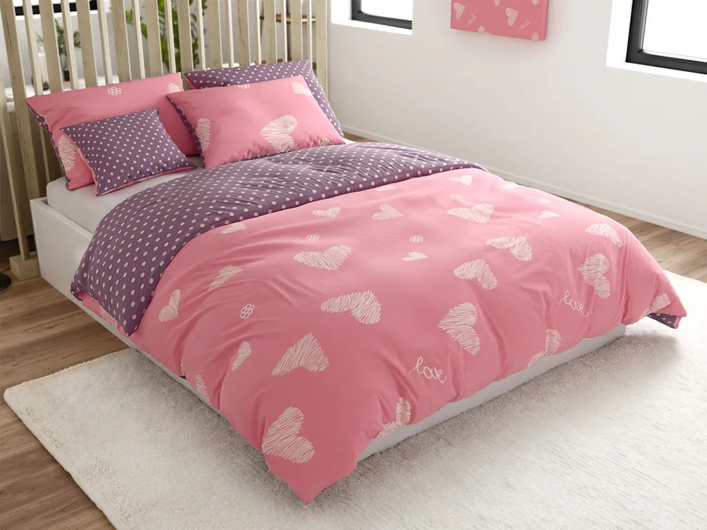 Bavlnené obojstranné obliečky SRDCE A BODKY ružové