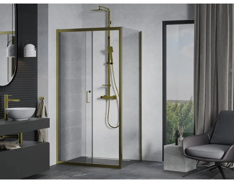 Mexen Apia, sprchový kút s posuvnými dverami 100 (dvere) x 90 (stena) cm, 6mm číre sklo, zlatý profil, 840-100-090-50-00