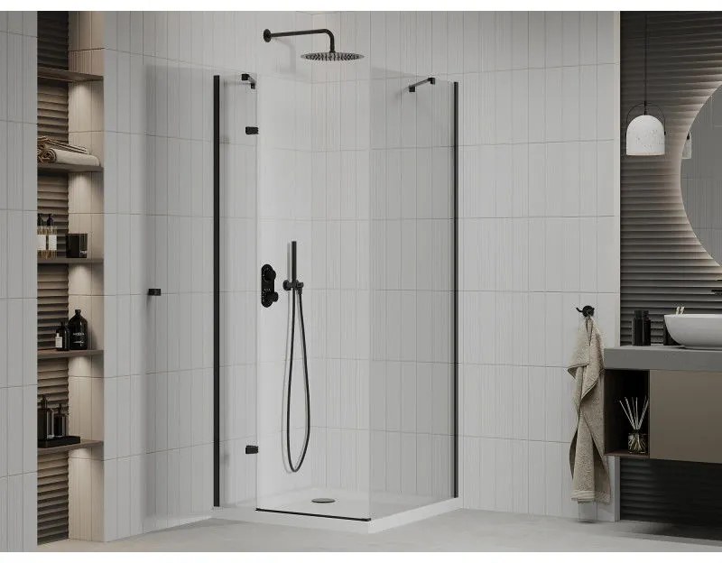 Mexen Roma, sprchovací kút s 1-krídlovými dverami 70 (dvere) x 80 (stena) cm, 6mm číre sklo, čierny profil, slim sprchová vanička 5cm biela s čiernym sifónom, 854-070-080-70-00-4010B