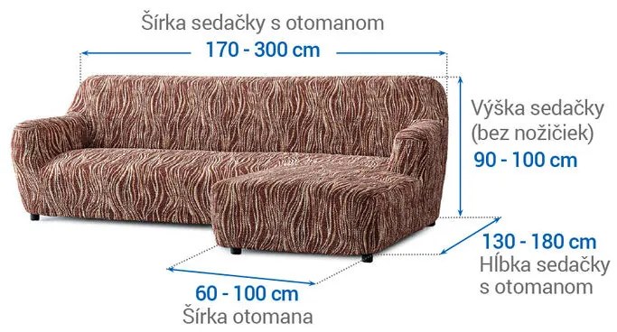 Bielastické poťahy UNIVERSO NOVÉ žíhané hnedé sedačka s otomanom vpravo (š. 170 - 300 cm)