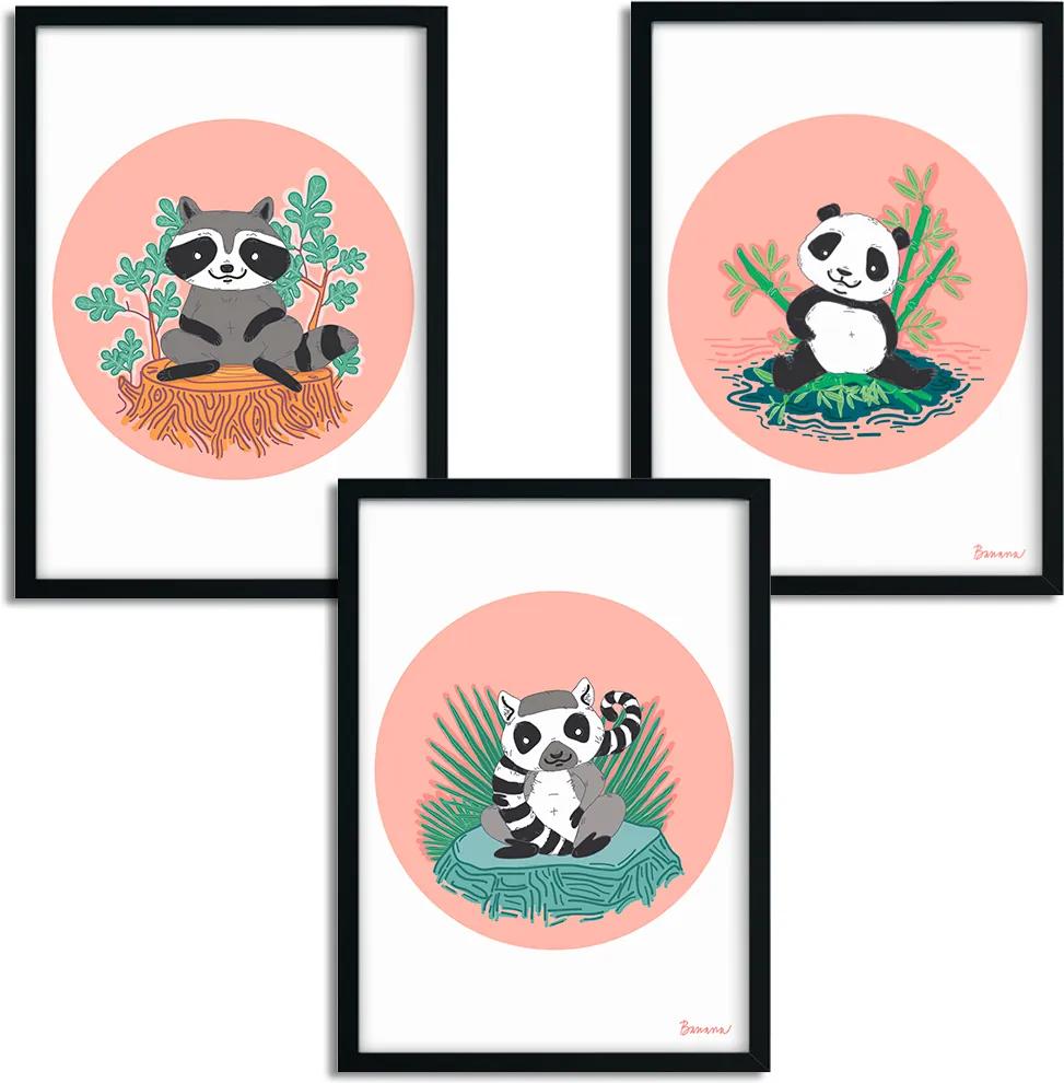Rámované obrazy pre deti - Zvieratká v ružovom - 3 x A3