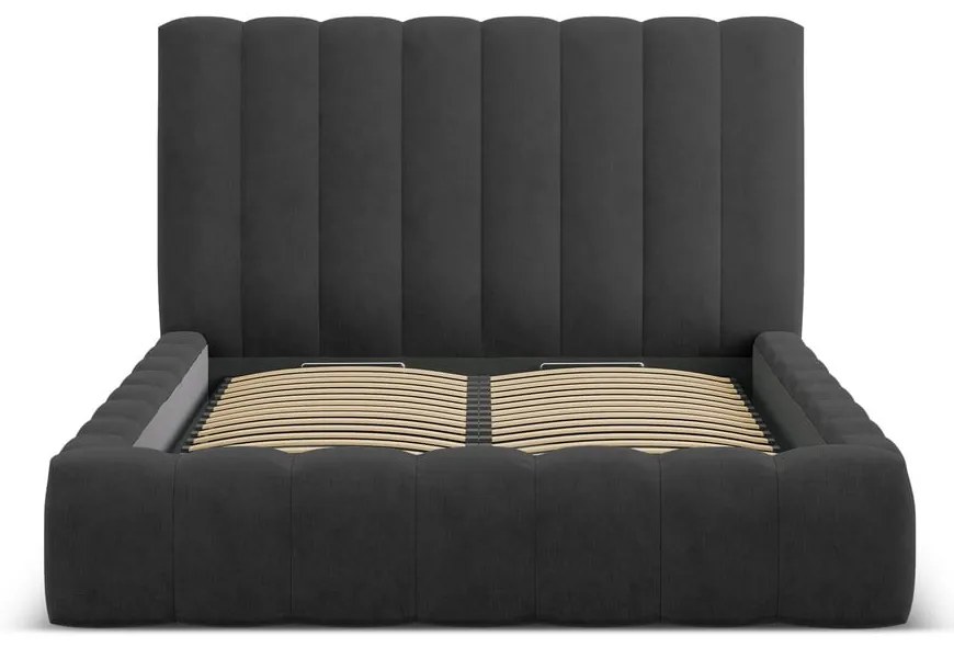 Antracitová čalúnená dvojlôžková posteľ s úložným priestorom a roštom 200x200 cm Kelp – Micadoni Home