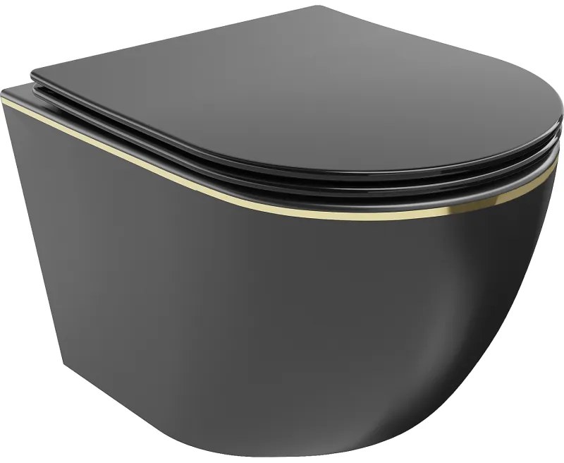 Mexen Lena, závesná toaletná misa 480x360x355 mm s pomaly padajúcim sedátkom, čierna matná - zlatý okraj, 30224075
