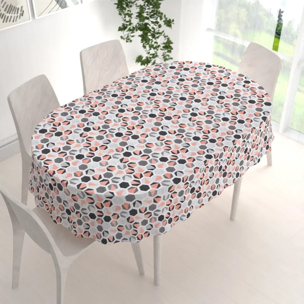 Biante Dekoračný oválny obrus Leona LN-031 Lososovo-sivé hexagóny 130x160 cm