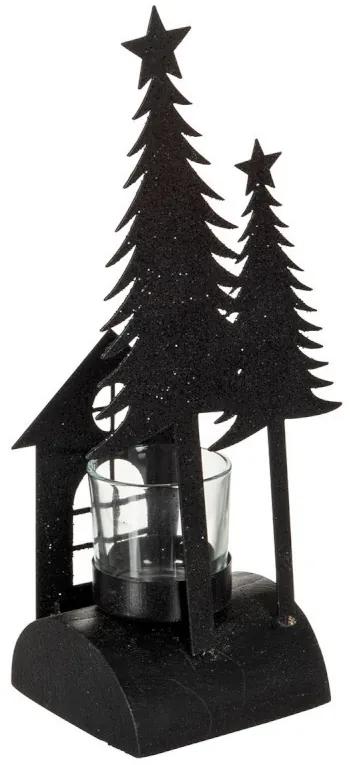 Čierny kovový svietnik na čajovú sviečku s glitrami - 11 * 8 * 26 cm