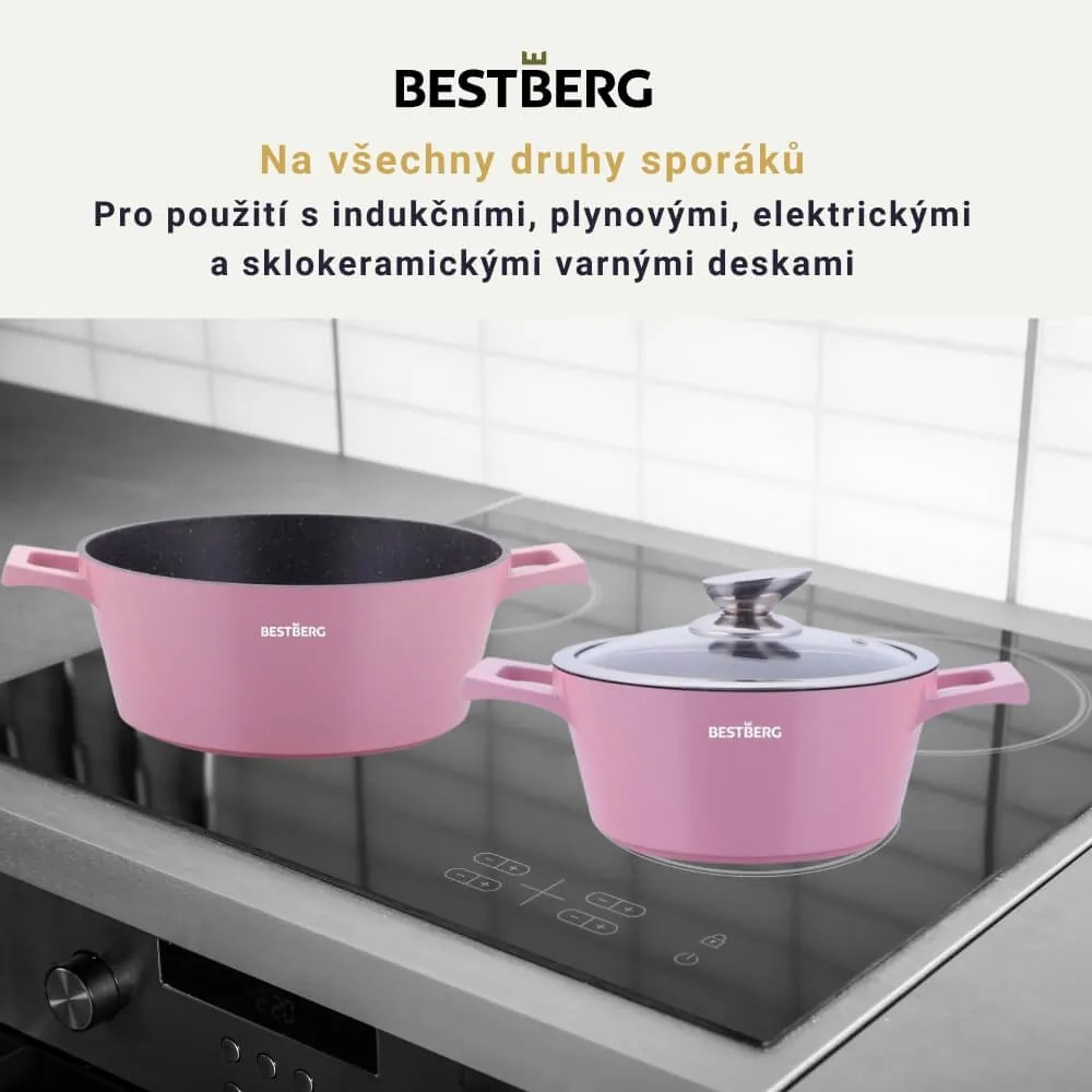 BestBerg BBN-1014P 14-dielna prémiová súprava riadu s nepriľnavým mramorovým povrchom / ružová