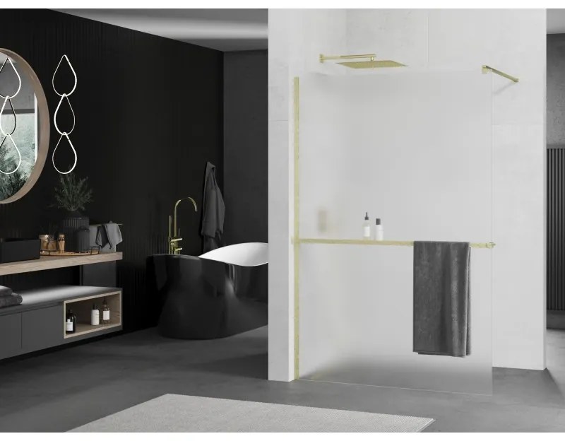 Mexen Kioto+, sprchová zástena Walk-In s poličkou a vešiakom 140 x 200 cm, 8mm sklo námraza, zlatý matný profil, 800-140-121-55-30