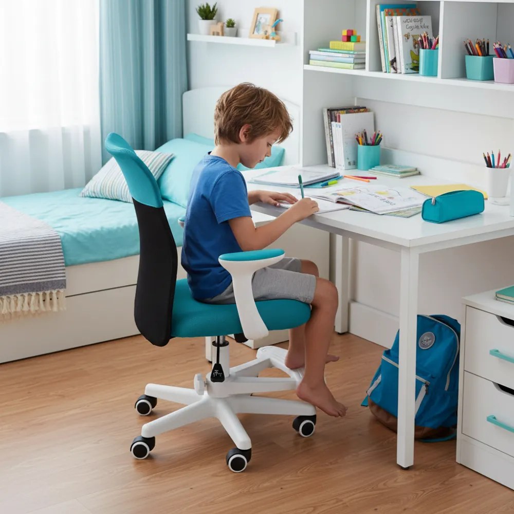 Detská stolička Neoseat MONKEY WHITE s podnožou — látka, biela / tyrkysová