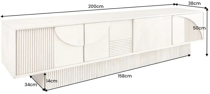 ART DECO tv komoda 200 cm 3D mangové drevo, dymová sivá