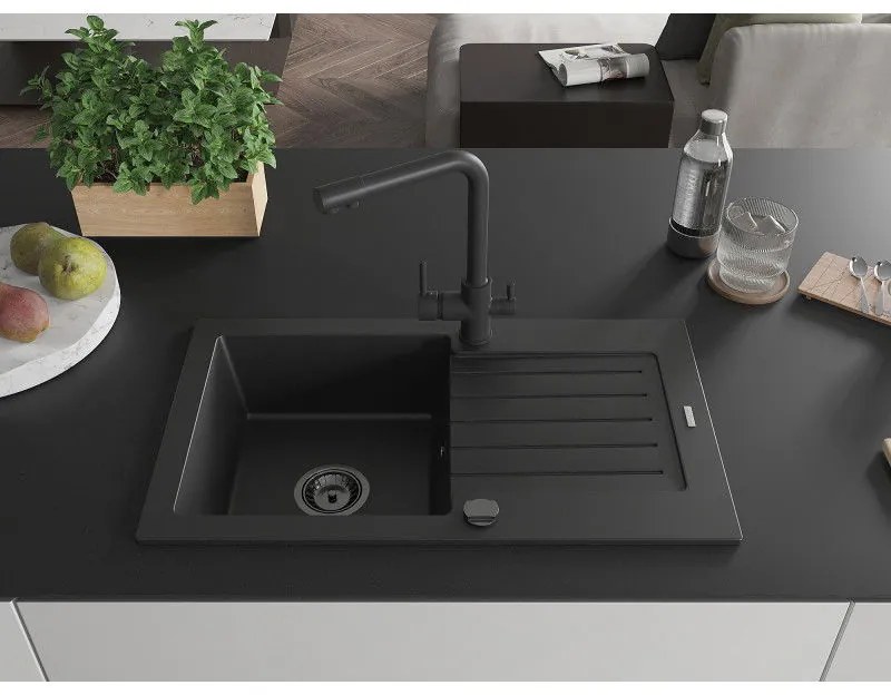 Mexen Pablo, granitový drez 752x436x161 mm, 1-komorový a čierna batéria Duero, čierna, 6510-77-671600-70-B