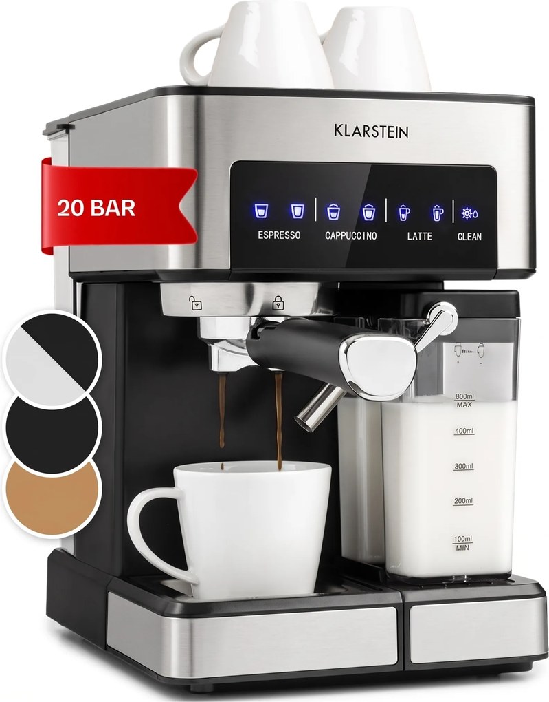 Klarstein Arabica Comfort kávovar s portafiltrom, 1350 W, 20 bar, 1,8 l, dotykový ovládací panel