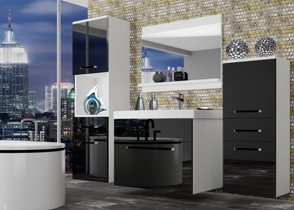 Kúpeľňový nábytok Belini čierny lesk + umývadlo + zrkadlo ROD P 5/0/W/B/0/ZW