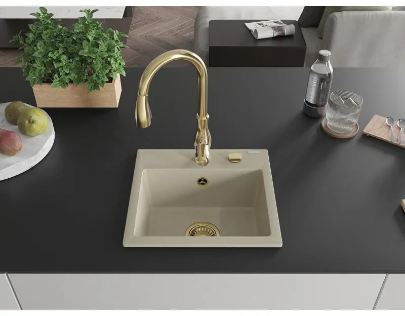 Mexen Milo, 1-komorový granitový drez 435x410x171 mm a drezová batéria Savita, béžová, 6505-69-672601-50
