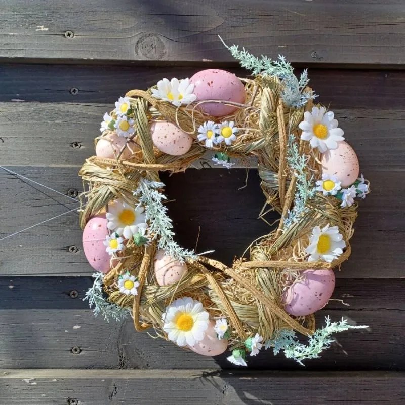 DECOLED Velikonoční věnec, 24 x 8 cm, starorůžová barva vajíček a kopretiny