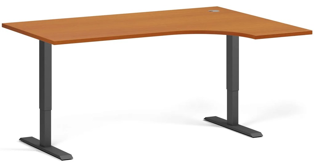 Rohový výškovo nastaviteľný stôl, 160x120 cm, 2 motory, L/P, čierna podnož, čerešňa