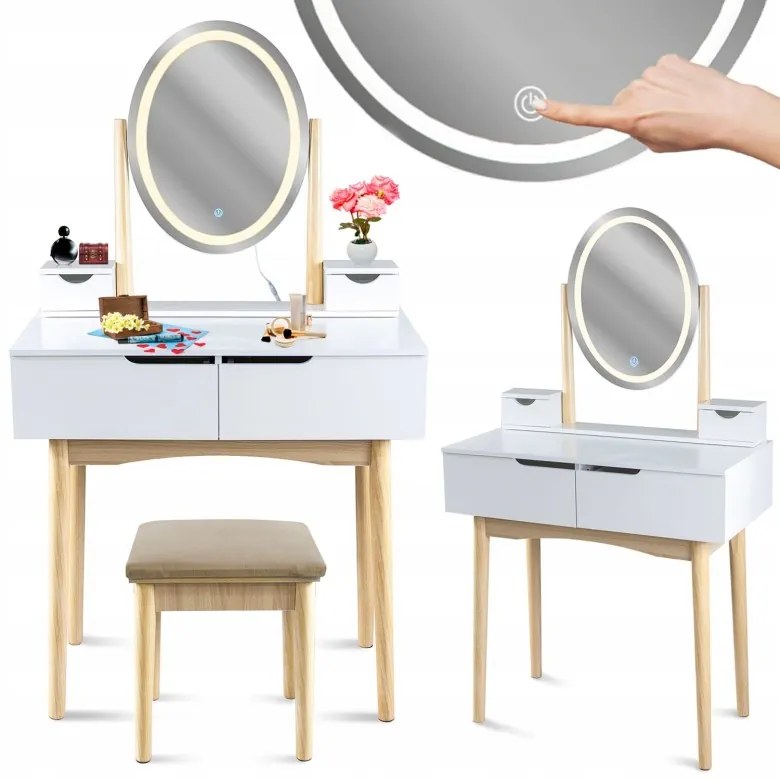 DECOREUM SCANDI LED toaletný stolík so zrkadlom a béžovou stoličkou 91027