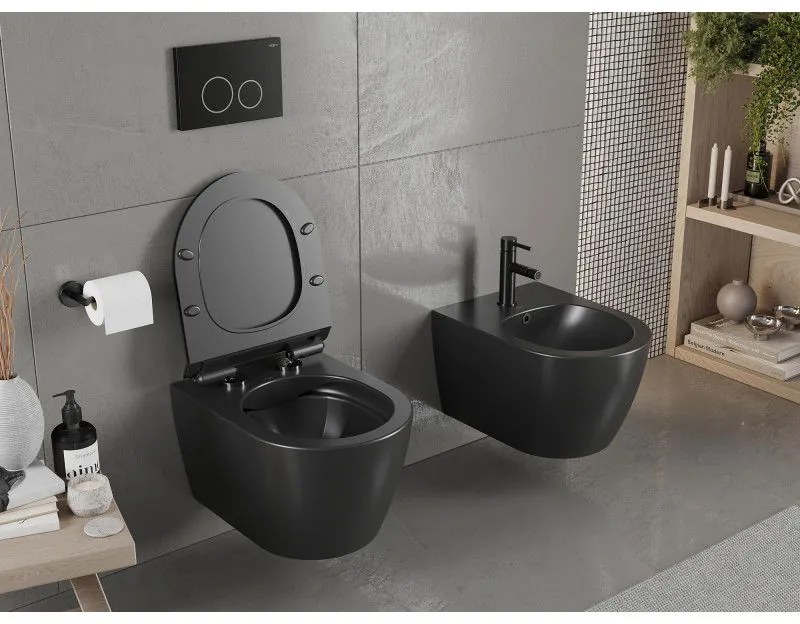 Mexen Carmen závesné wc Rimless s toaletným Slim sedátkom z duroplastu, čierna matná - 30880185