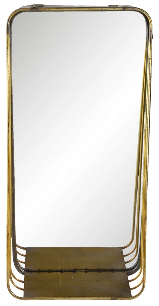 Zlaté kovové zrkadlo s patinou a poličkou - 24 * 11 * 49 cm