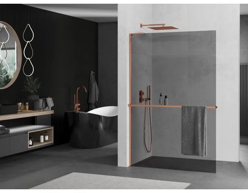 Mexen Kioto+ L, sprchová zástena Walk-In s poličkou a vešiakom 120 x 200 cm, 8mm šedé sklo, ružové zlato profil, 800-120-123-60-40