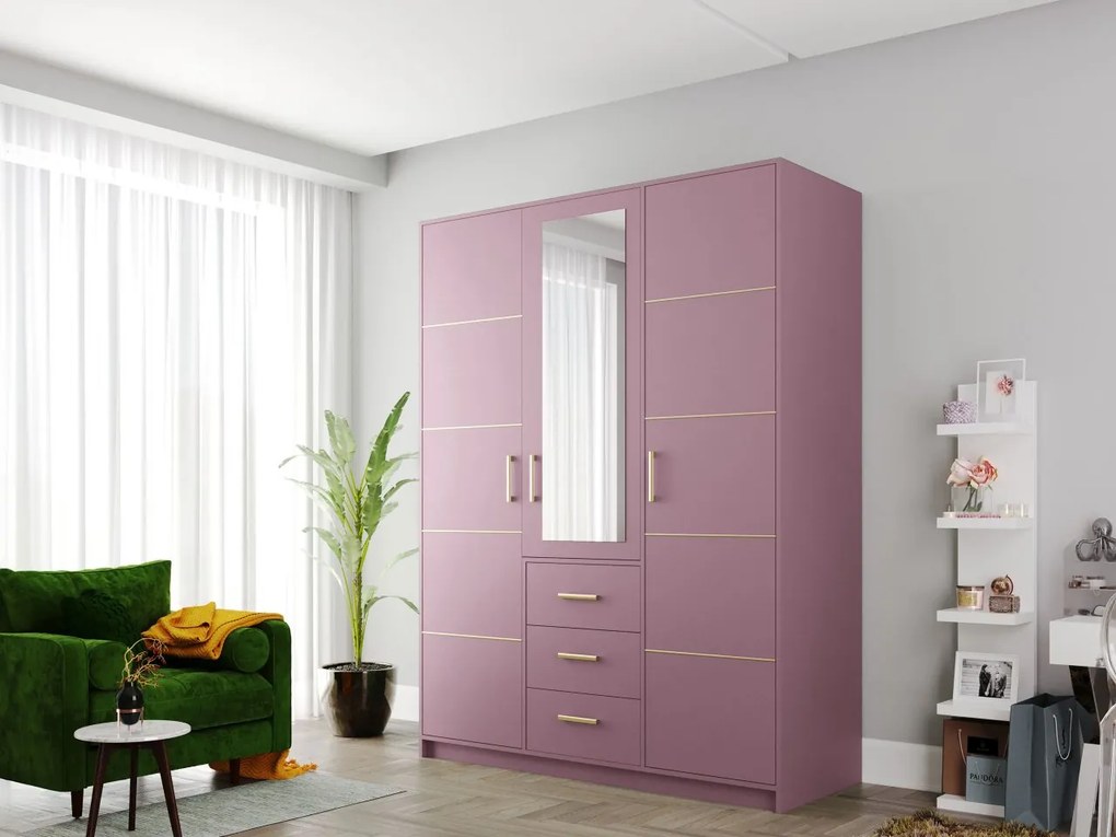 Trojdverová šatníková skriňa Lily II D3, Farby: slivka / slivka + zlatá, Nadstavec: nie
